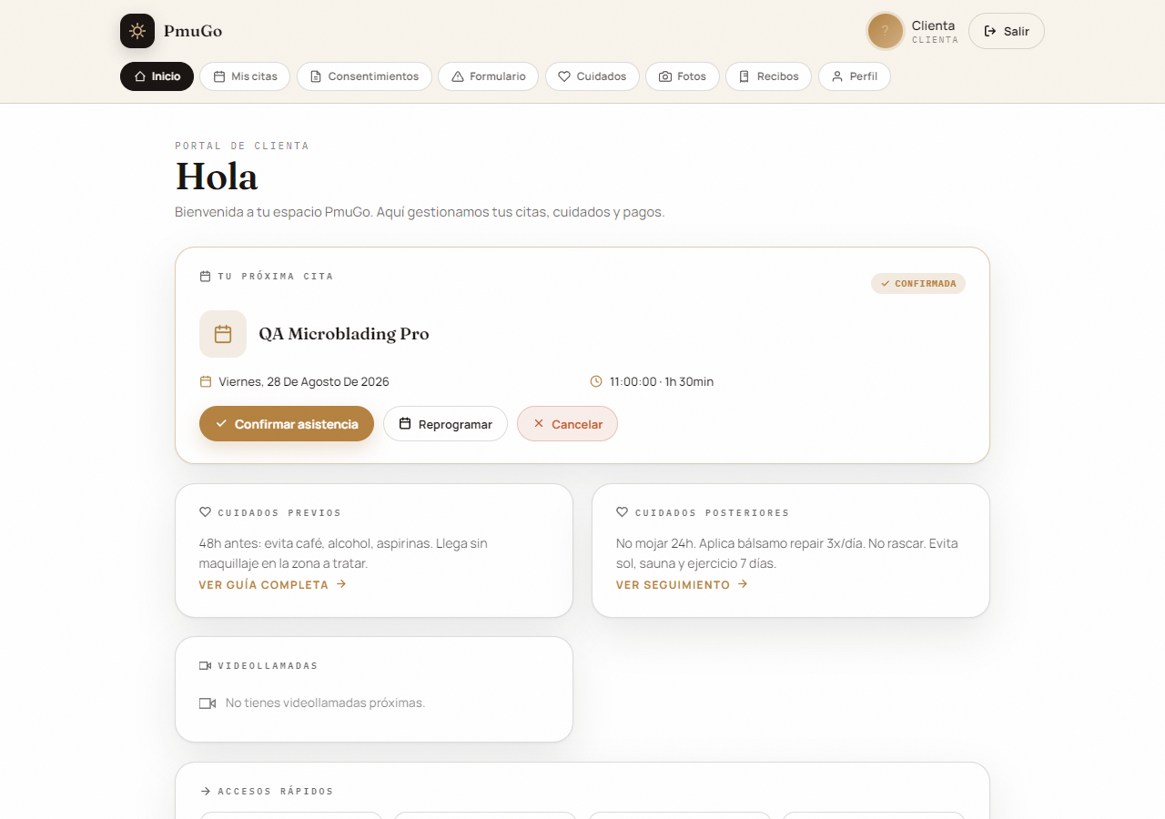 Portal de cliente de PmuGo con perfil, citas y fotos de curación